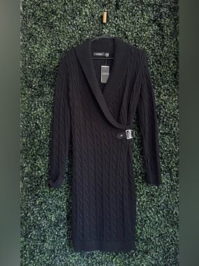 Lauren Ralph Lauren Black Cable-Knit Wrap Sweater Dress with Buckle